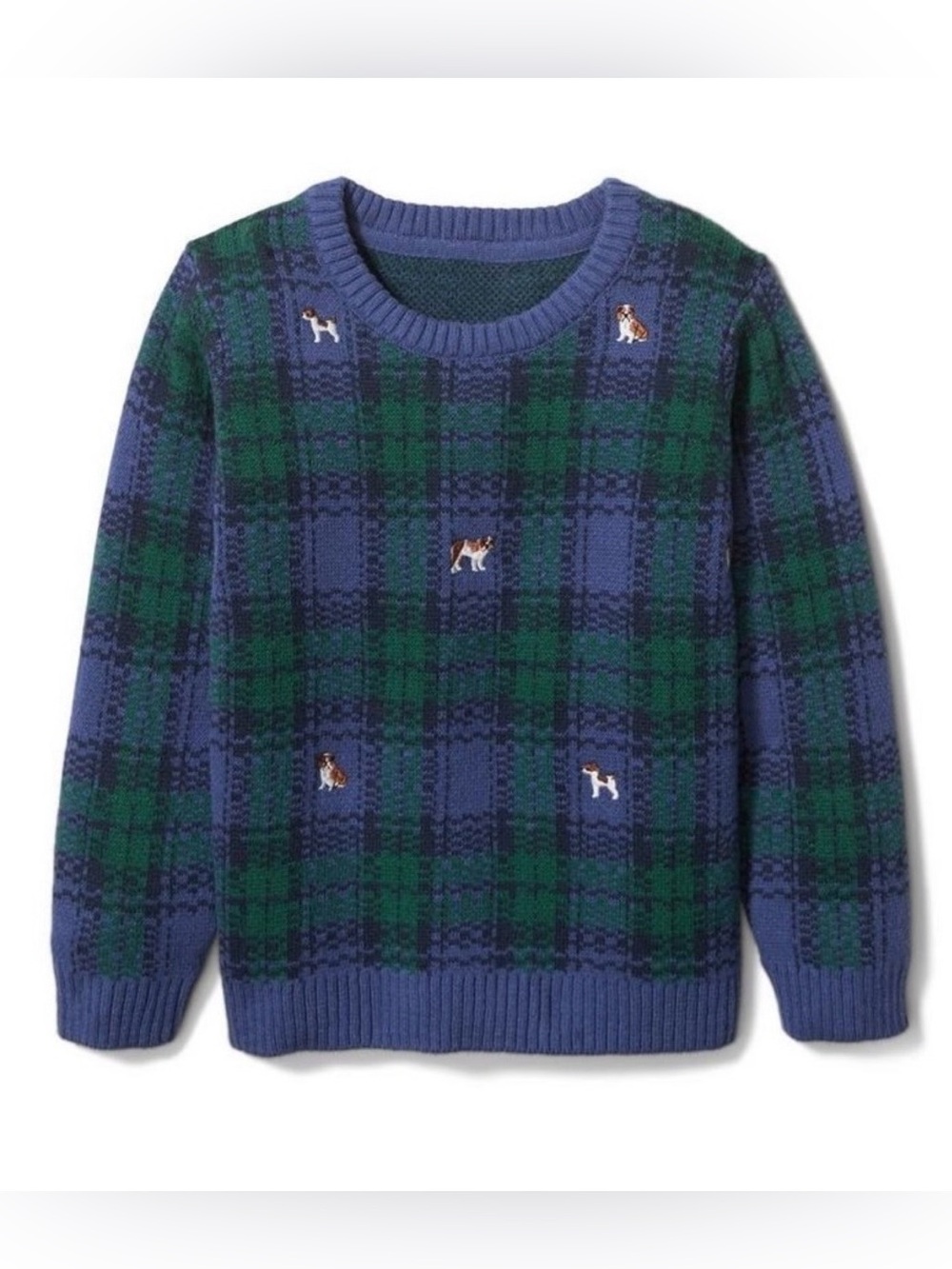 Janie & Jack Blue and Green Plaid Embroidered Dog Cotton Sweater, 4